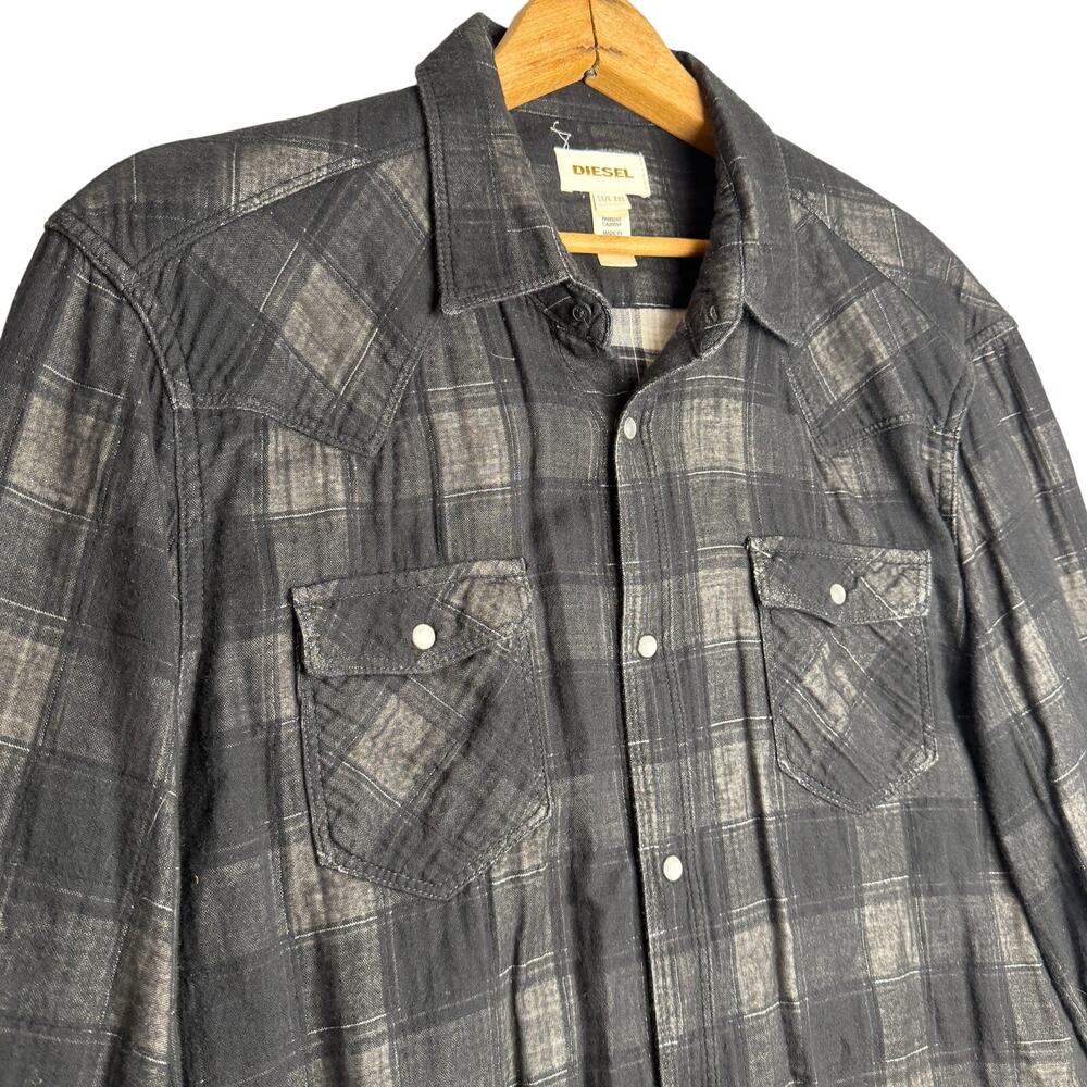 DIESEL‎ Shirt Womens XXL Pearl Snap Plaid Western Long Sleeve Black